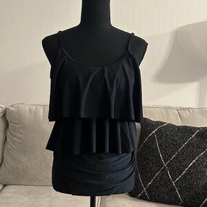 Women's Black Tiered Ruffle Tankini and Ruched Bottom Swim Set